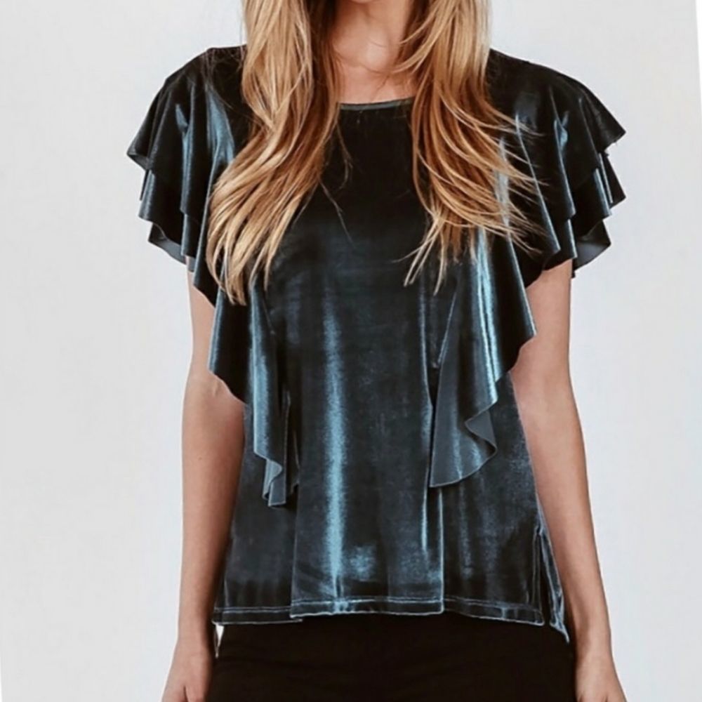 On The Road Dawn Teal Velvet Flutter Sleeve Top Size Large